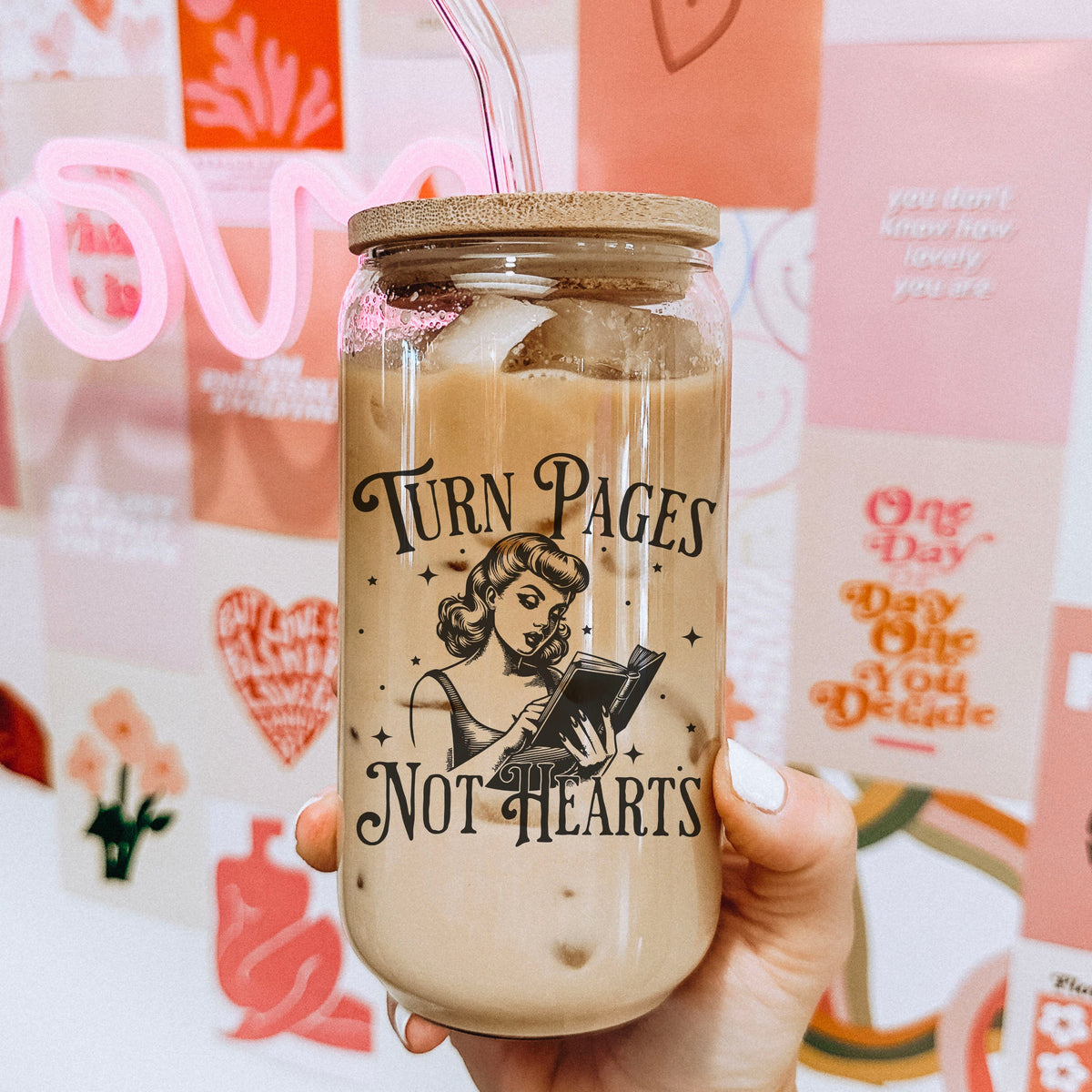 Turn Pages Not Hearts Clear Glass Cup with Bamboo Lid & Straw