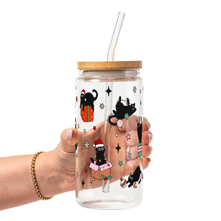 Christmas Cats Glass 16oz Cup