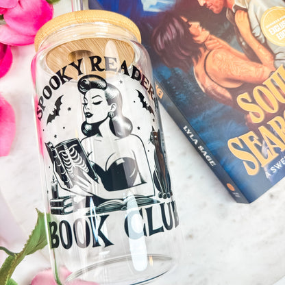 Spooky Readers Book Club Glass Cup | Clear Tumbler with Bamboo Lid and Optional Glass Straw Upgrade for Halloween Book Lovers