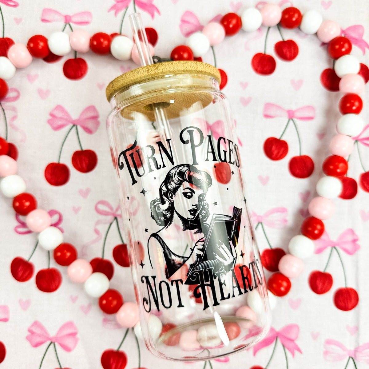 Turn Pages Not Hearts Clear Glass Cup with Bamboo Lid & Straw