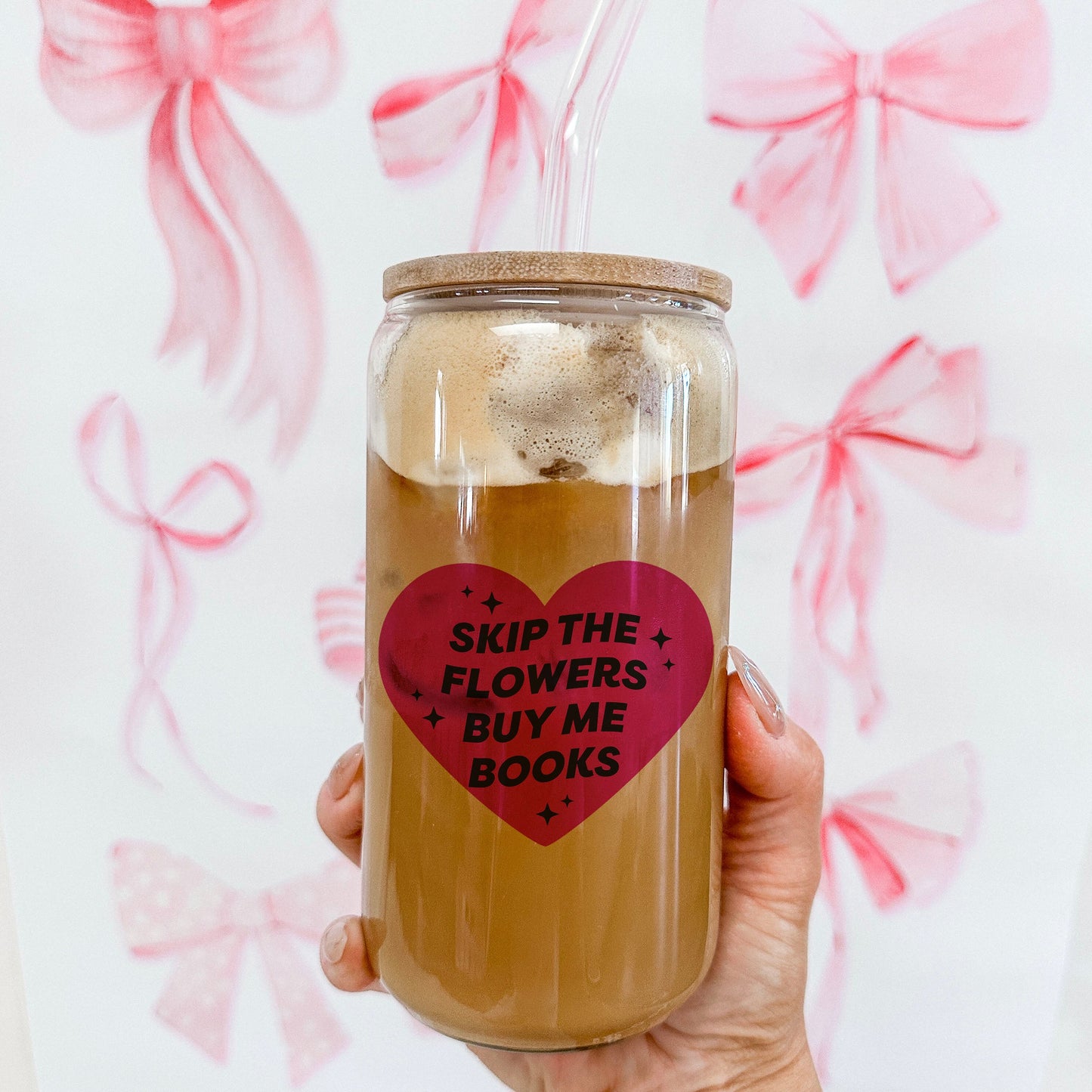 Skip the Flowers Buy Me Books Clear Glass Cup with Bamboo Lid & Straw