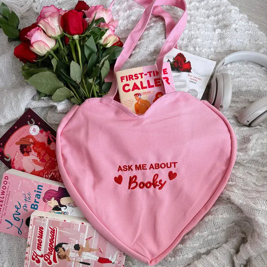 'Ask Me About Books' Heart Shaped Tote