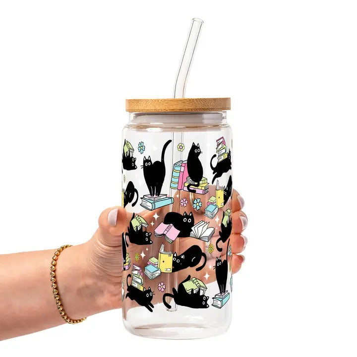 Black Cats on Books 16oz Glass Tumblr