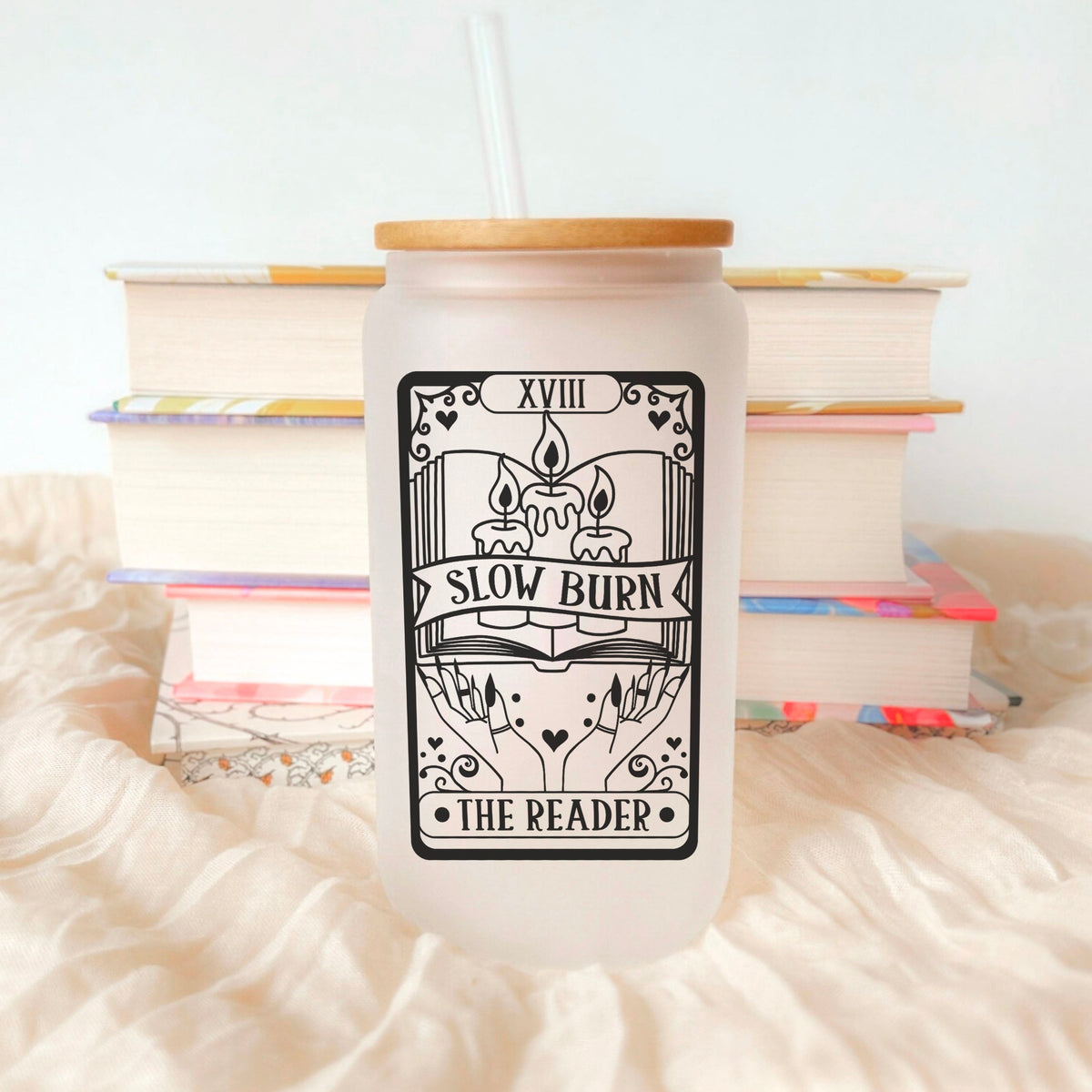 Slow Burn Tarot Card Frosted Glass Cup With Bamboo Lid And Straw